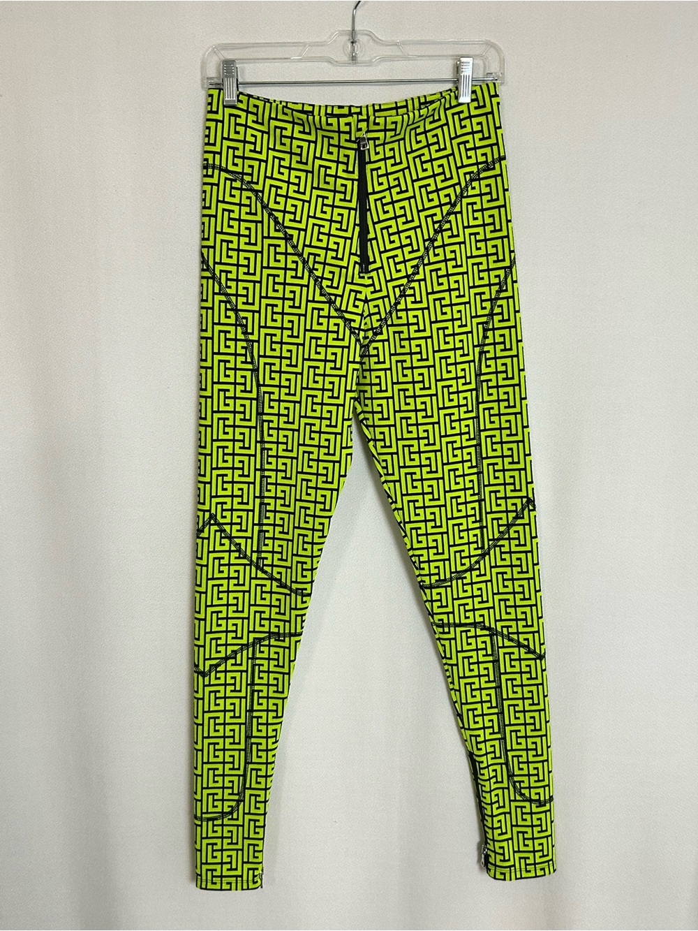 Balmain Neon Yellow Geometric Logo Print leggings size M - Picture 2 of 6
